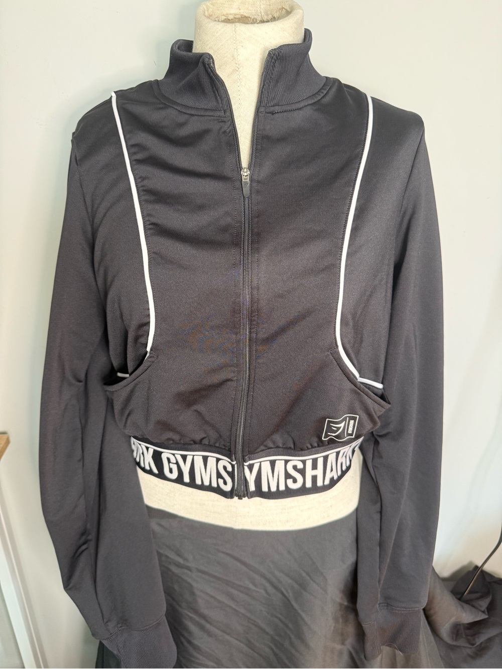 Gymshark Black Cropped Zip Bomber Jacket with White Piping